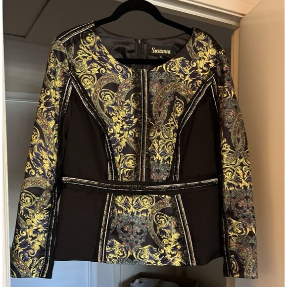 Susanna By Teramina Slimming Black Gold Skirt Suit Size 14 Long Sleeve Elegant - Picture 2 of 16